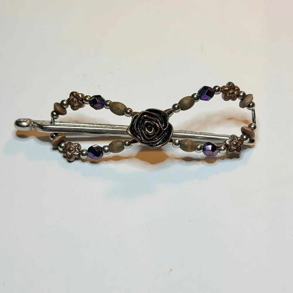 Lilla Rose Flexi Clip Hair Slide Silver Purple Beads Bronze Rose Size Medium